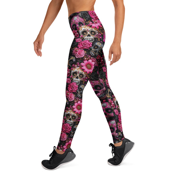 Pink Floral Sugar Skull High Waisted Yoga Leggings Pink Floral Sugar Skull High Waisted Yoga Leggings
