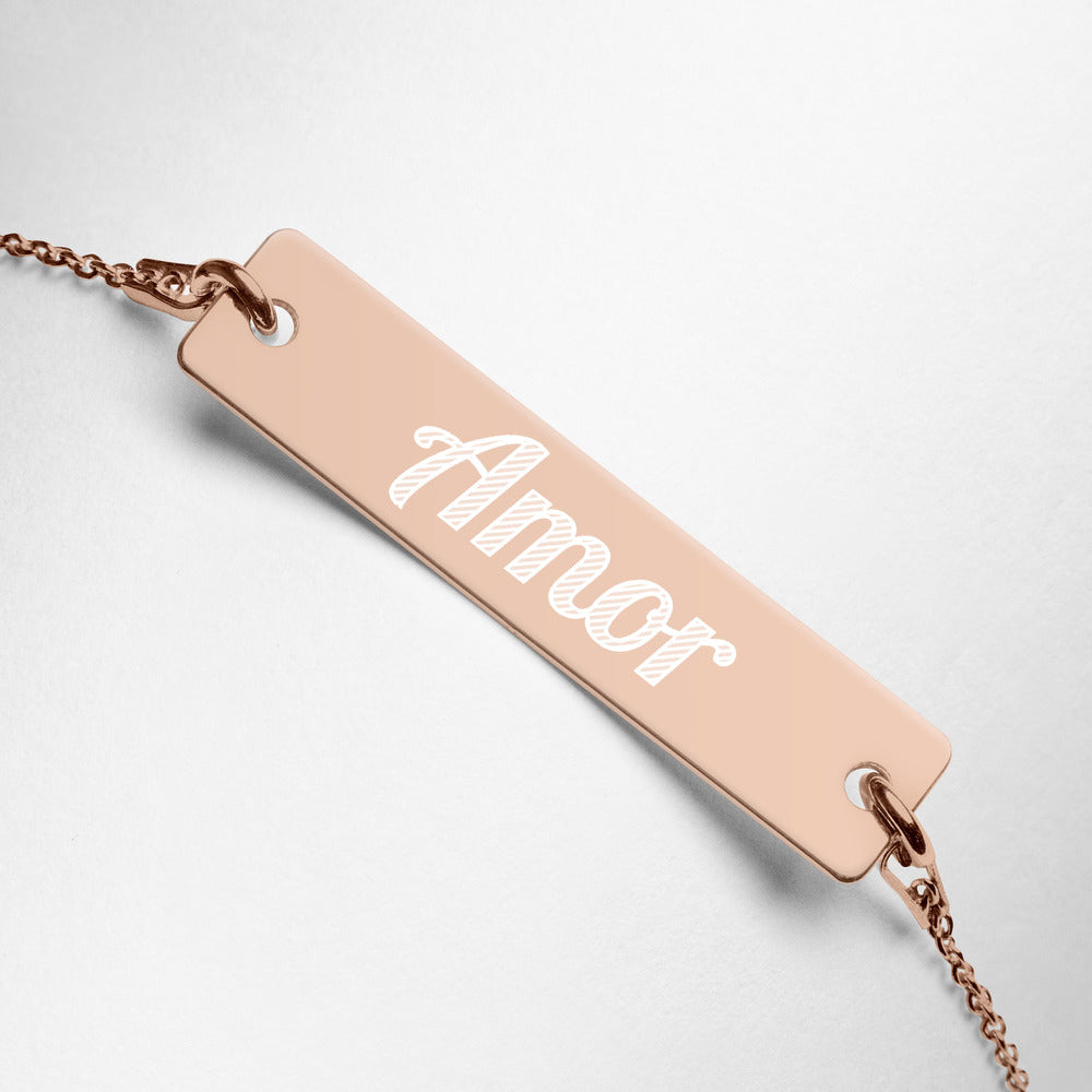 Amor Engraved Silver Bar Chain Bracelet