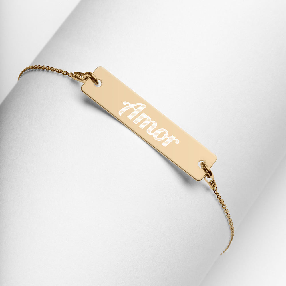 Amor Engraved Silver Bar Chain Bracelet