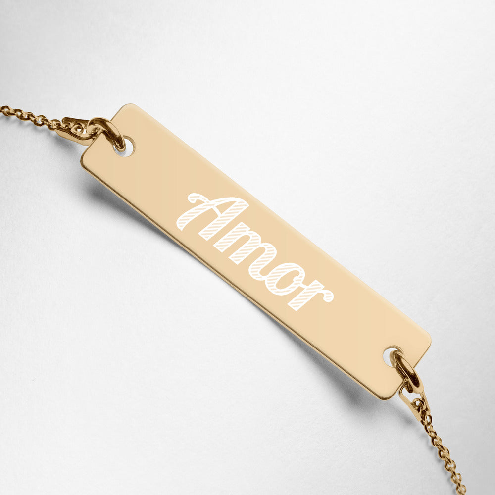 Amor Engraved Silver Bar Chain Bracelet