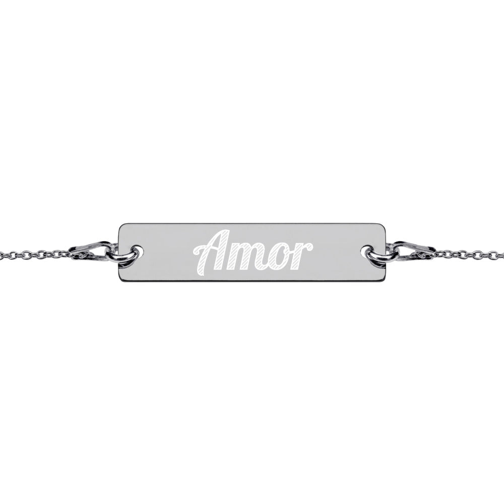 Amor Engraved Silver Bar Chain Bracelet