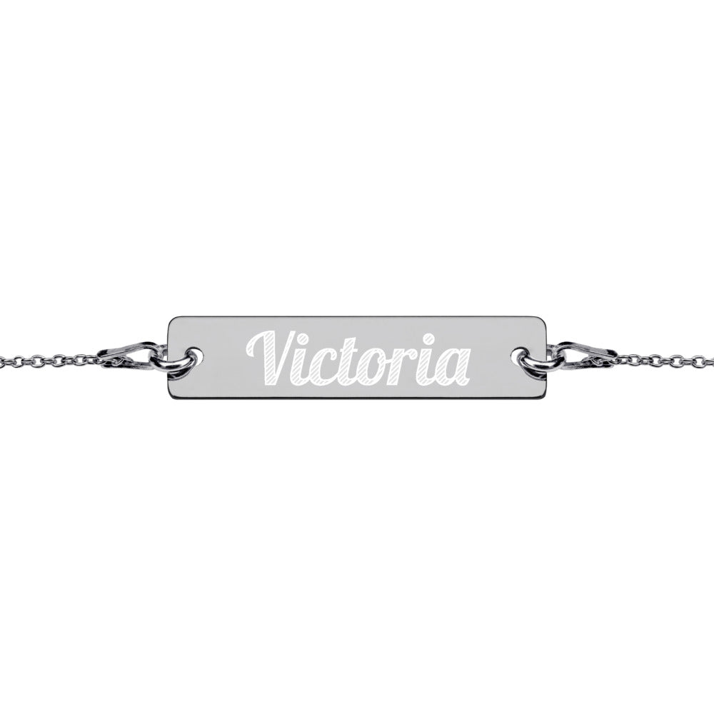 Victoria Name Engraved Silver Bar Chain Bracelet