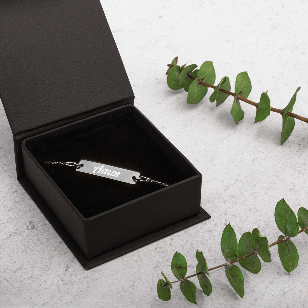 Amor Engraved Silver Bar Chain Bracelet