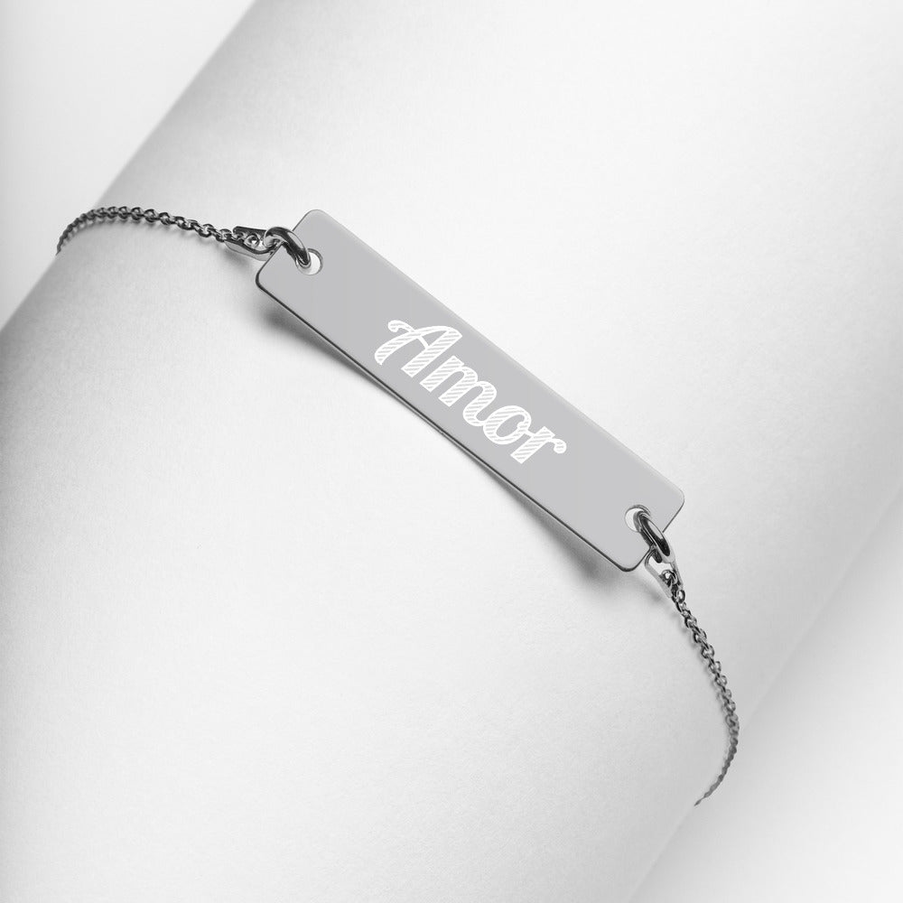 Amor Engraved Silver Bar Chain Bracelet