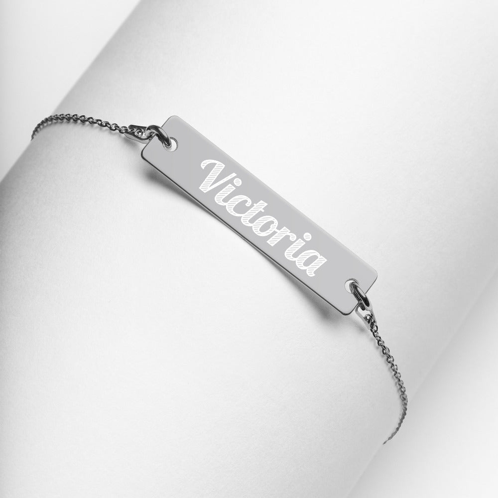 Victoria Name Engraved Silver Bar Chain Bracelet