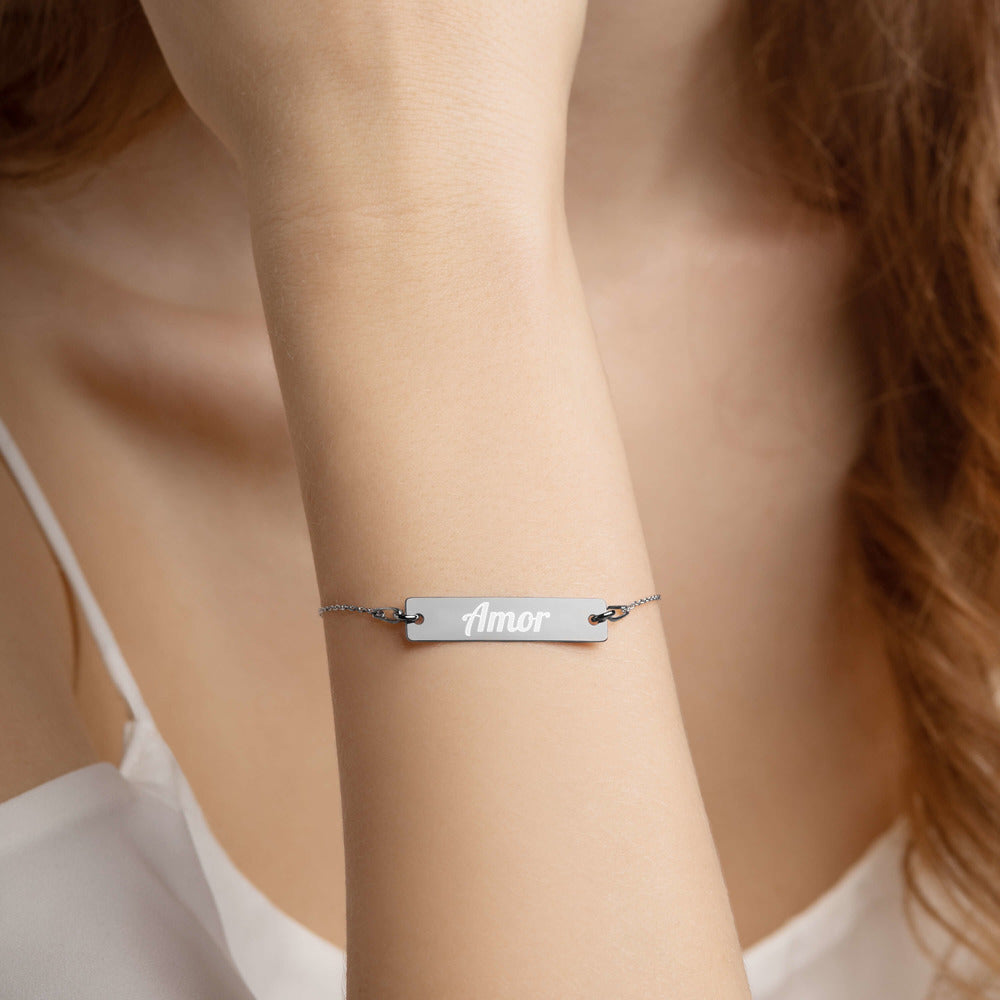 Amor Engraved Silver Bar Chain Bracelet