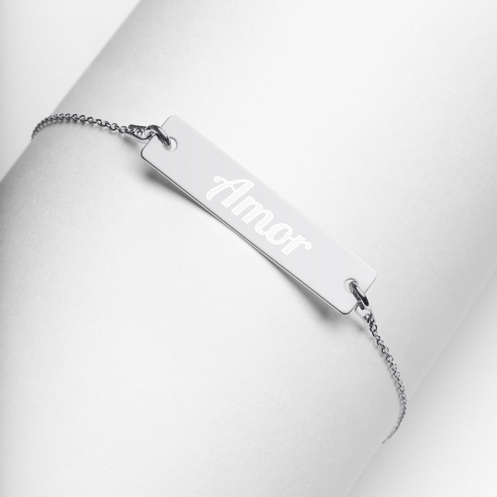 Amor Engraved Silver Bar Chain Bracelet