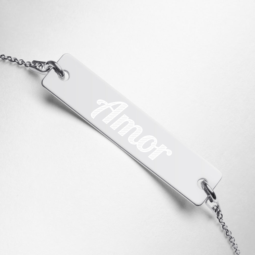 Amor Engraved Silver Bar Chain Bracelet