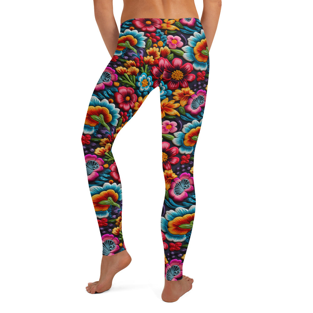 Mexican Embroidery Flowers Pattern Leggings