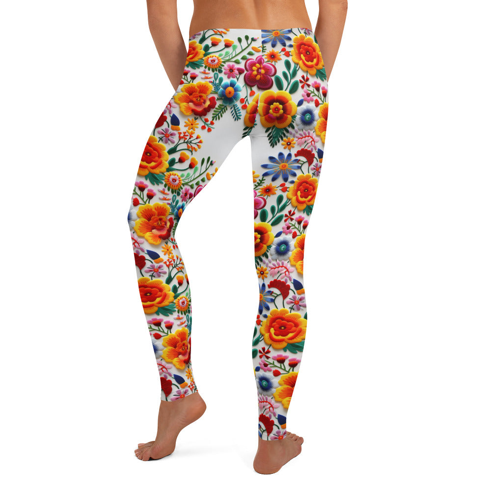 Vibrant Mexican Embroidery Flowers Pattern Leggings