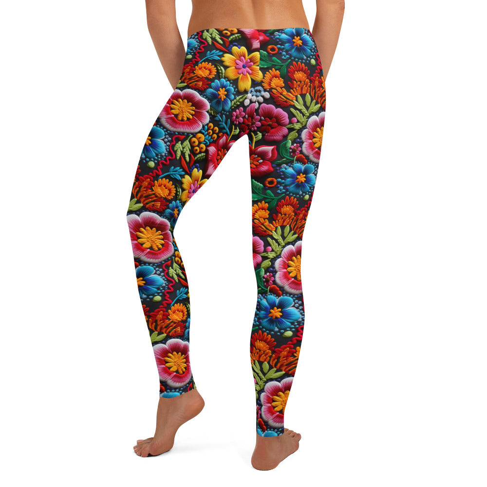 Mexican Embroidery Garden Flowers Pattern Leggings