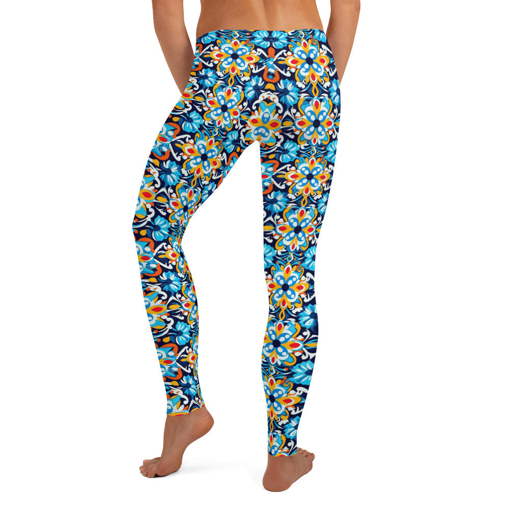 Mexican Talavera Turquoise Geometric Pattern Leggings