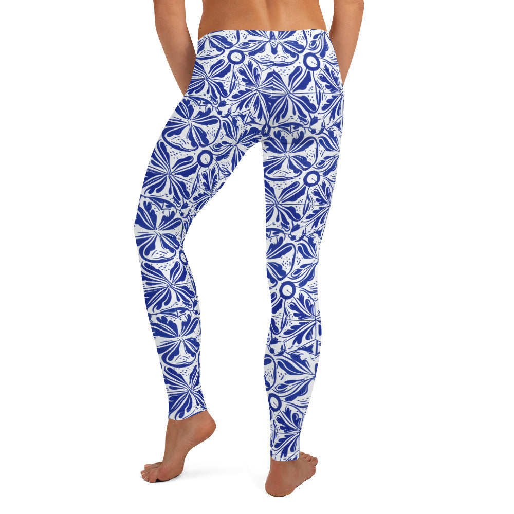 Mood Blue Y White Mexican Talavera Pattern Leggings