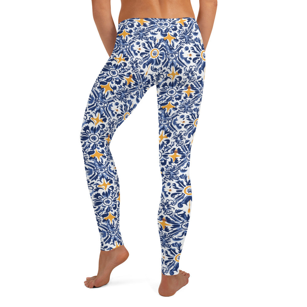 Shades of Blue and Yellow Mexican Talavera Leggings