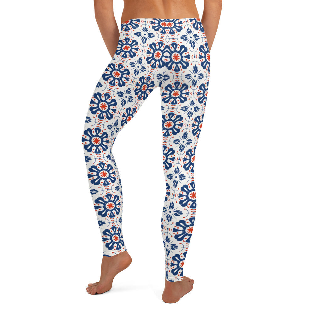 Blue Flowers Mexican Talavera Leggings