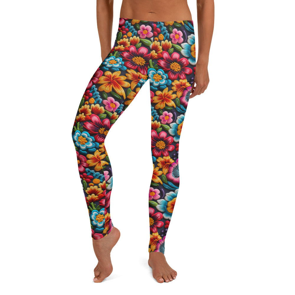 Mexican Embroidery Flowers Pattern Leggings