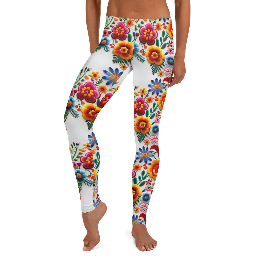 Vibrant Mexican Embroidery Flowers Pattern Leggings