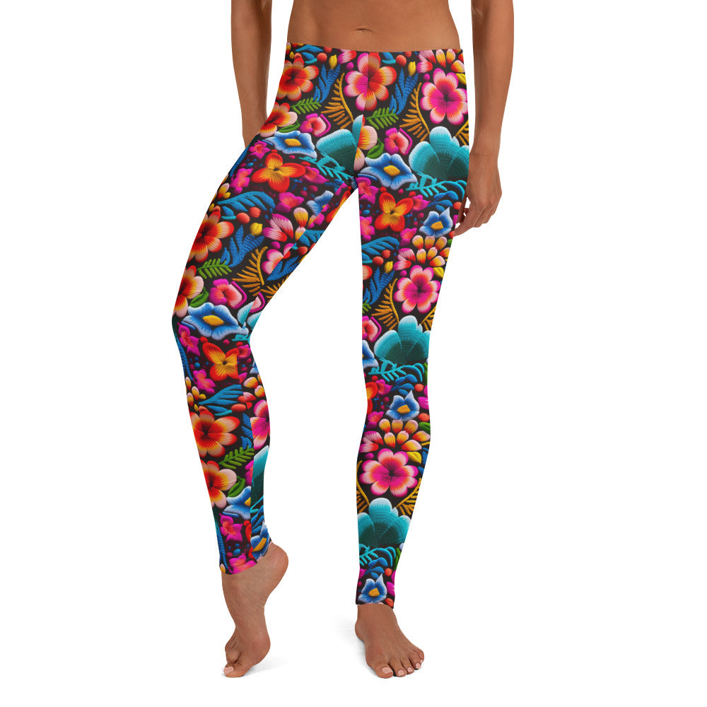 Mexican Embroidery Flowers Pattern Leggings