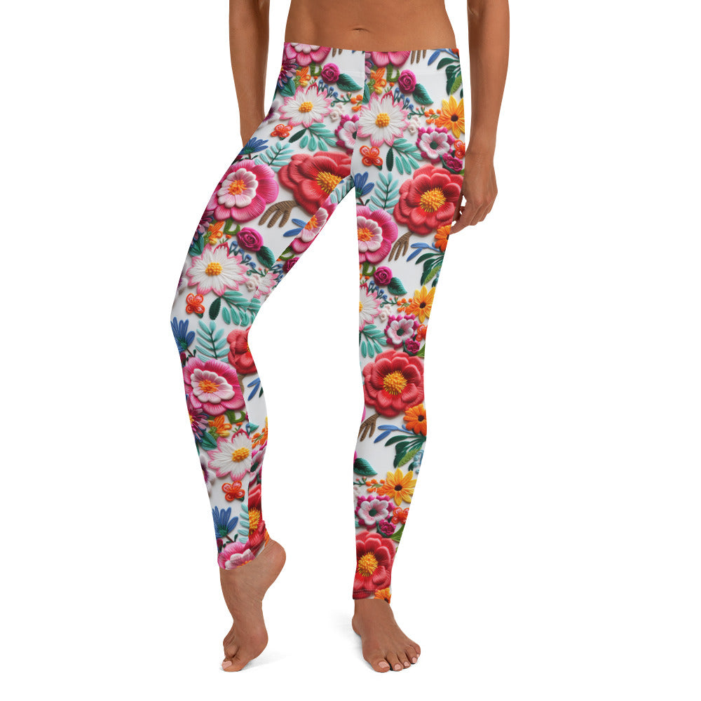 Mexican Embroidery Pink Flowers Pattern Leggings