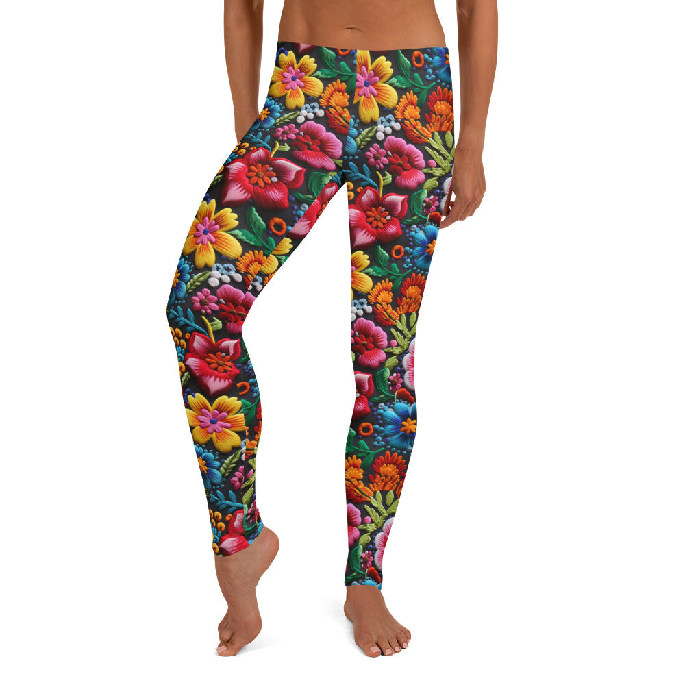 Mexican Embroidery Garden Flowers Pattern Leggings