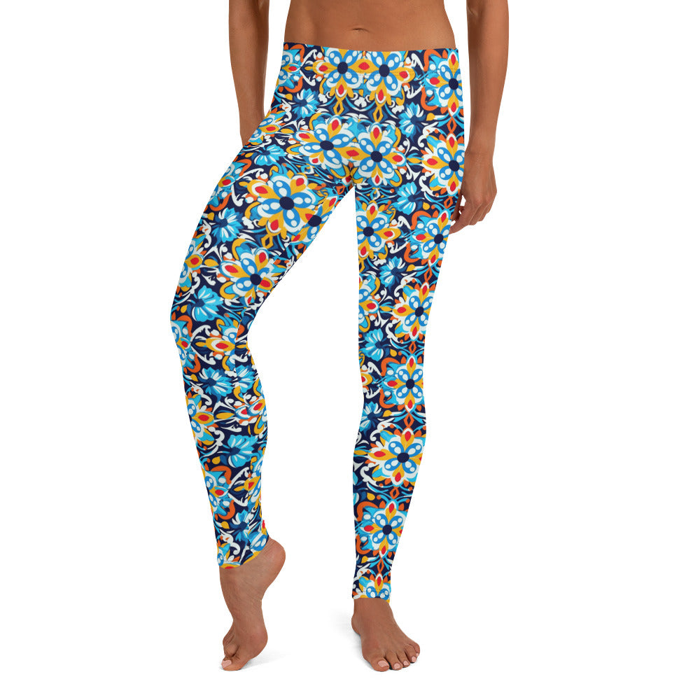 Mexican Talavera Turquoise Geometric Pattern Leggings