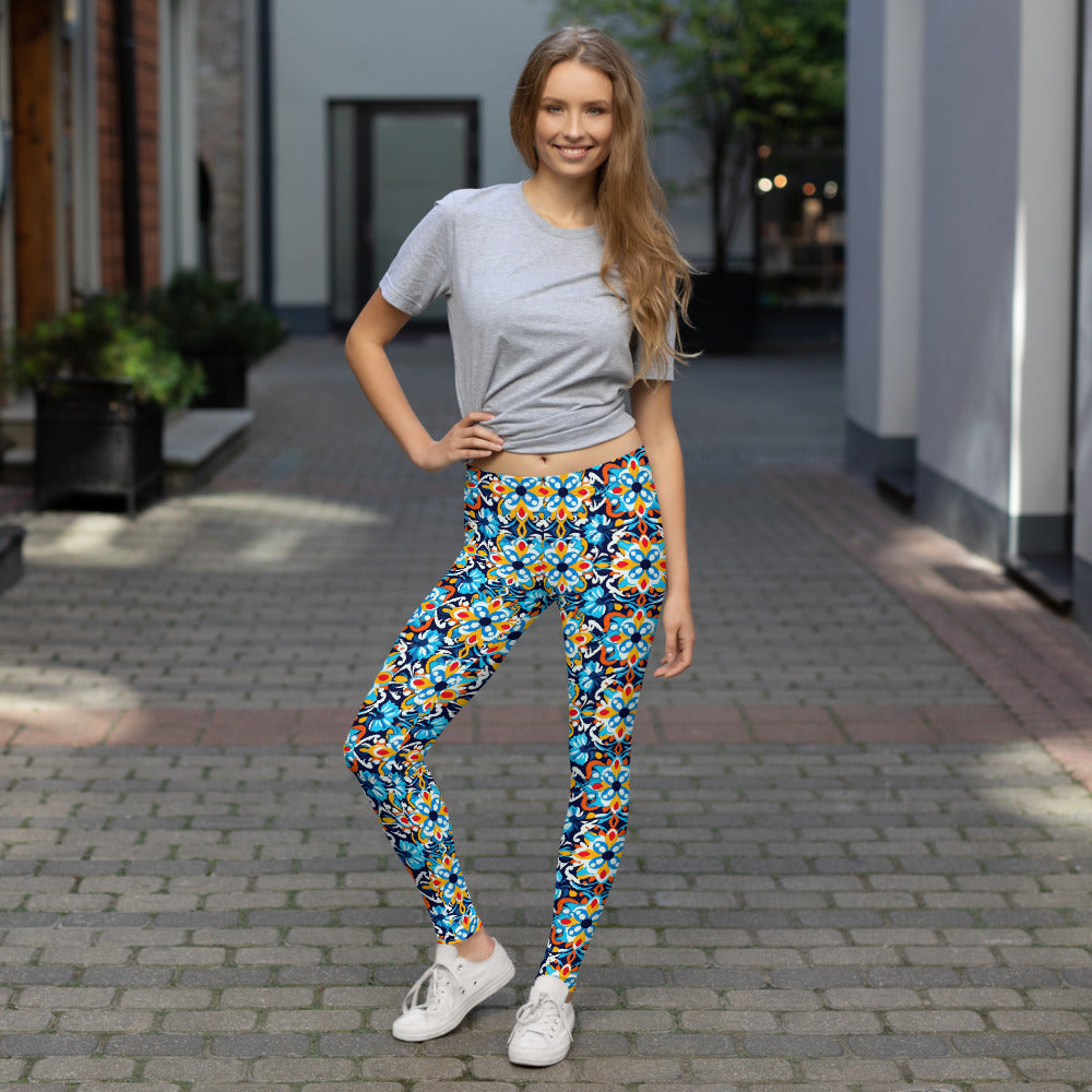 Mexican Talavera Turquoise Geometric Pattern Leggings