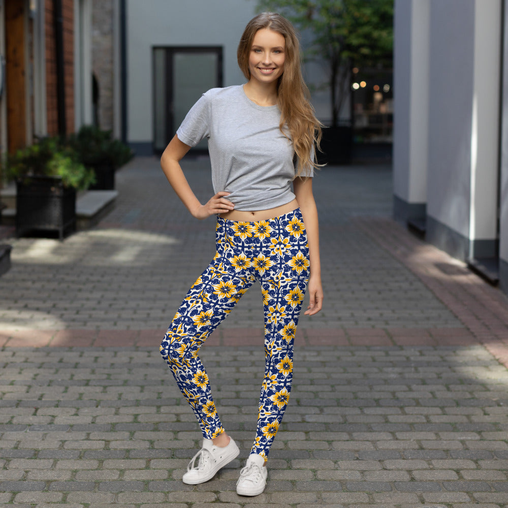 Mexican Talavera Yellow Flower Pattern Leggings