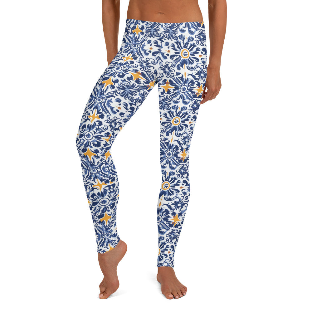 Shades of Blue and Yellow Mexican Talavera Leggings