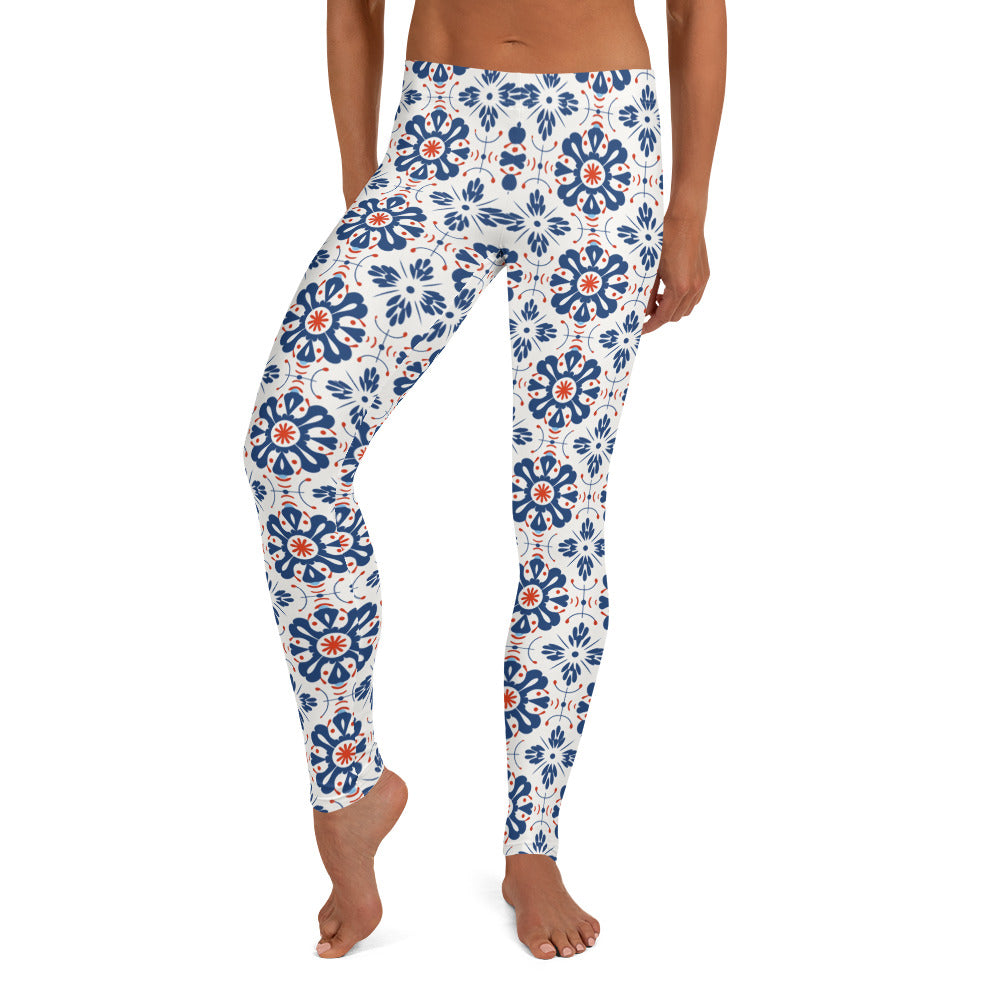 Blue Flowers Mexican Talavera Leggings