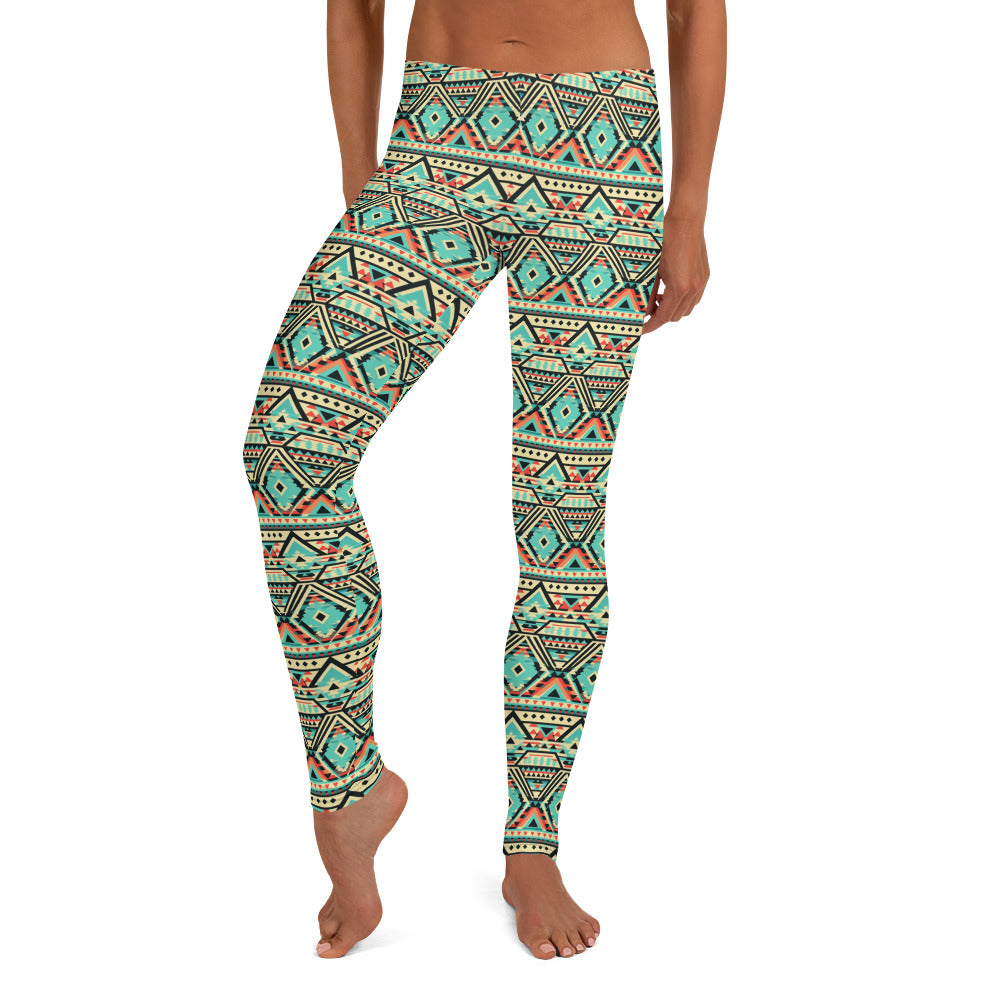 Aztec Shades of Green Pattern Leggings for Women