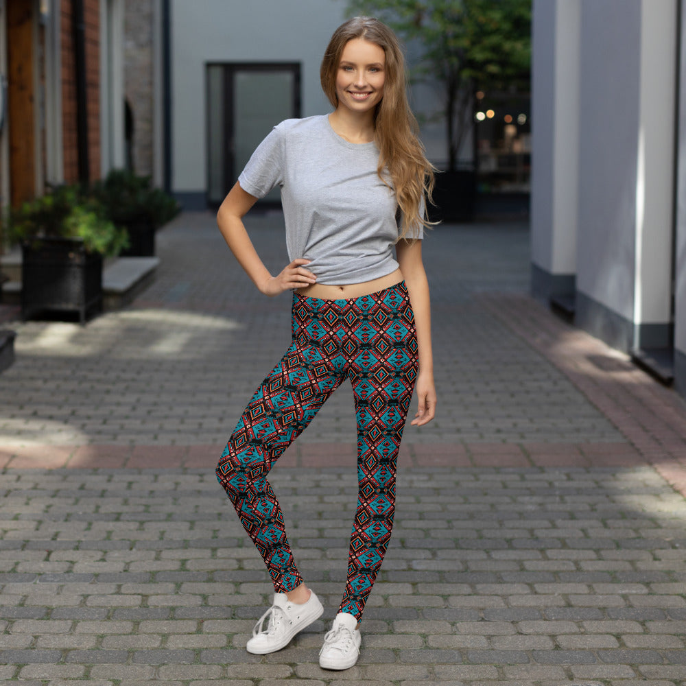 Aztec Brown and Blue Geometric Pattern Leggings