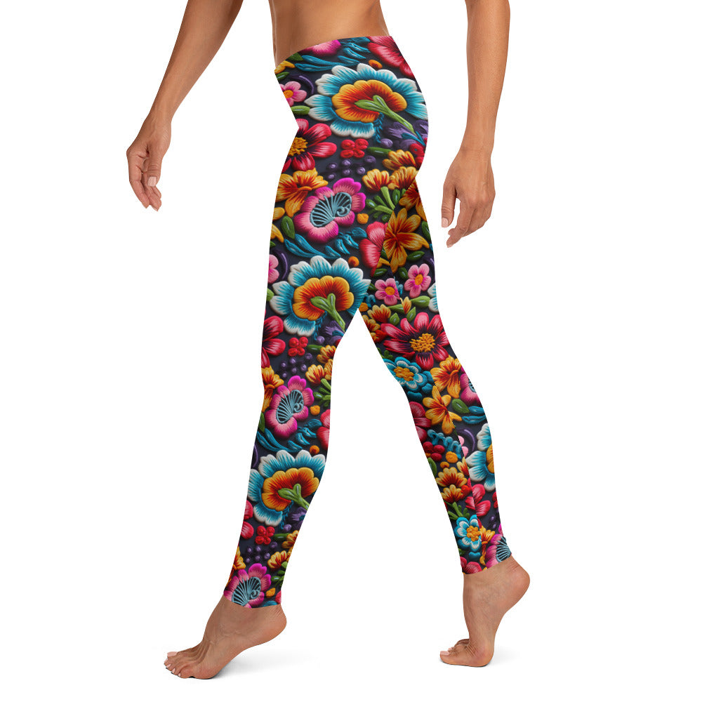 Mexican Embroidery Flowers Pattern Leggings