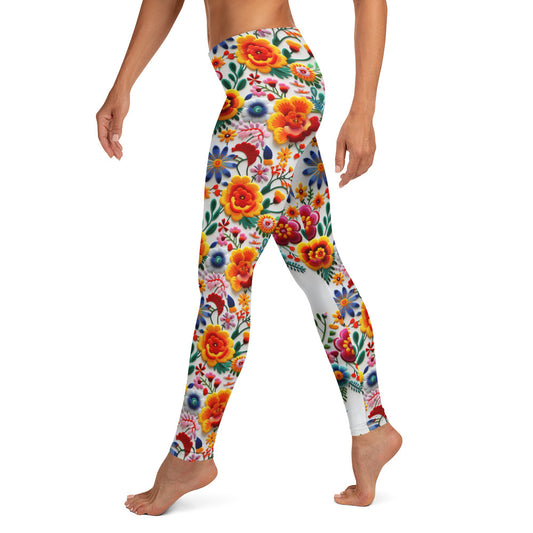 Vibrant Mexican Embroidery Flowers Pattern Leggings