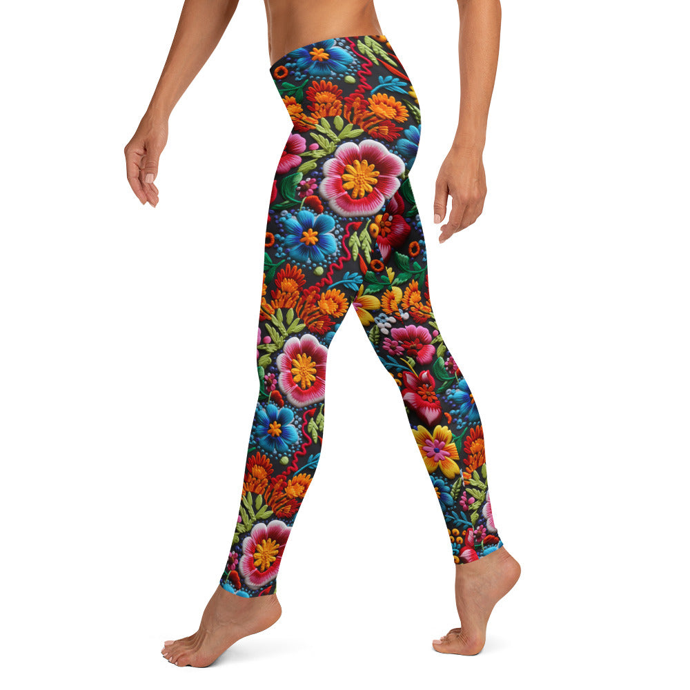 Mexican Embroidery Garden Flowers Pattern Leggings