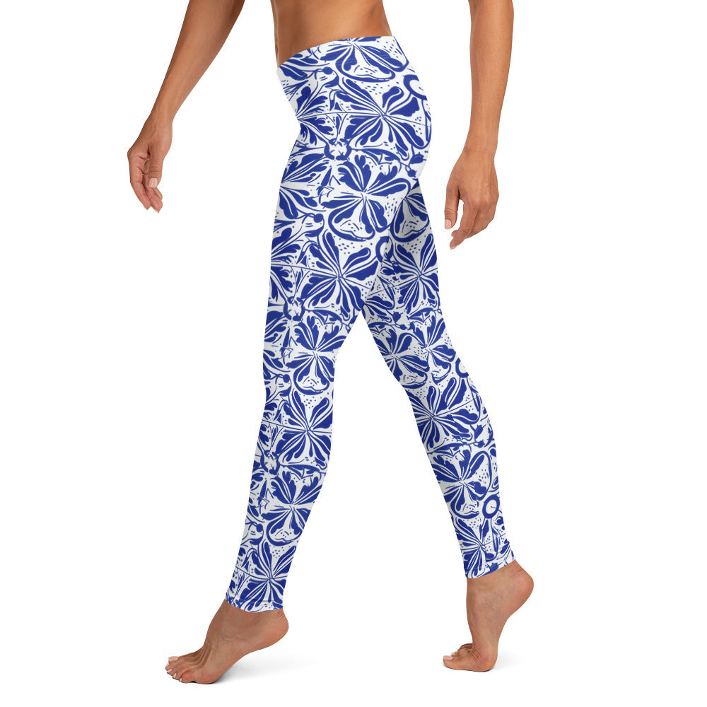 Mood Blue Y White Mexican Talavera Pattern Leggings