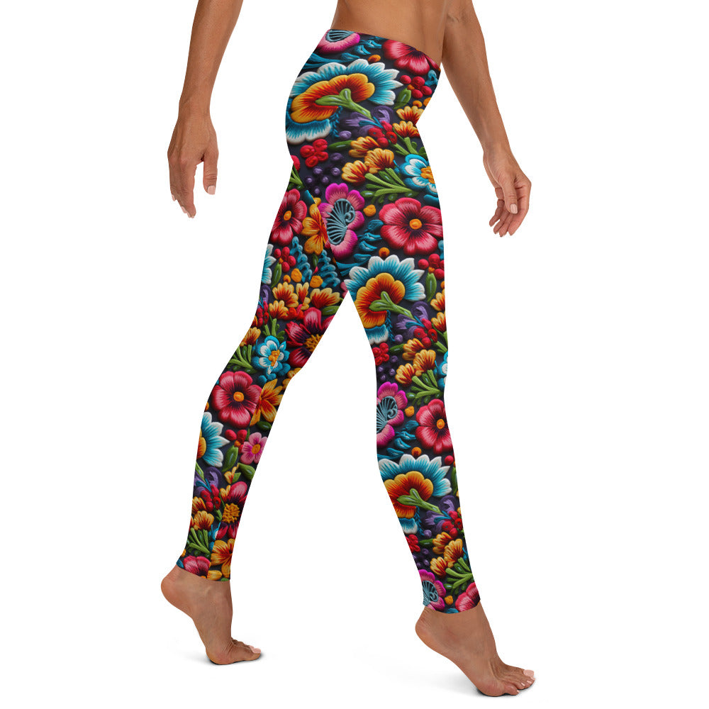 Mexican Embroidery Flowers Pattern Leggings