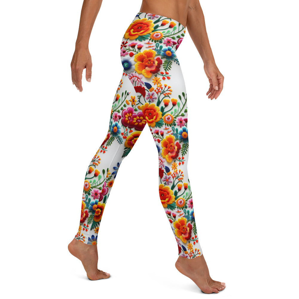 Vibrant Mexican Embroidery Flowers Pattern Leggings