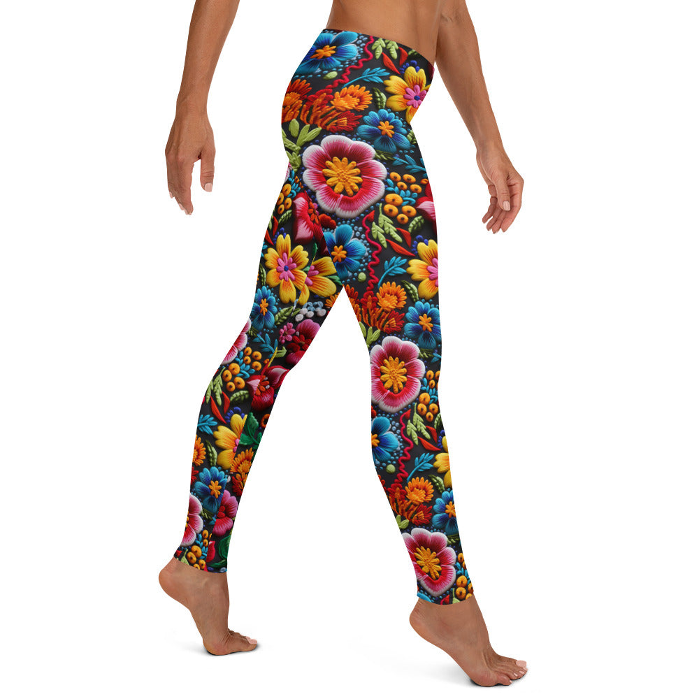 Mexican Embroidery Garden Flowers Pattern Leggings