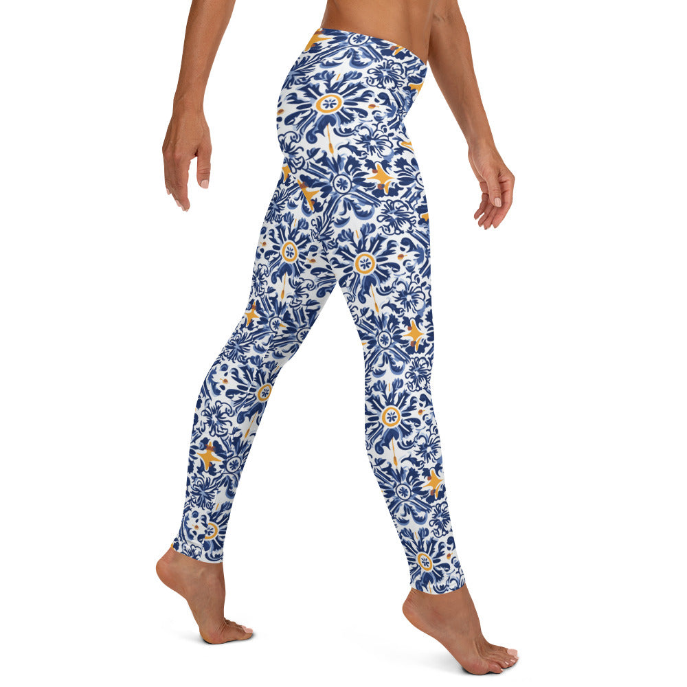 Shades of Blue and Yellow Mexican Talavera Leggings