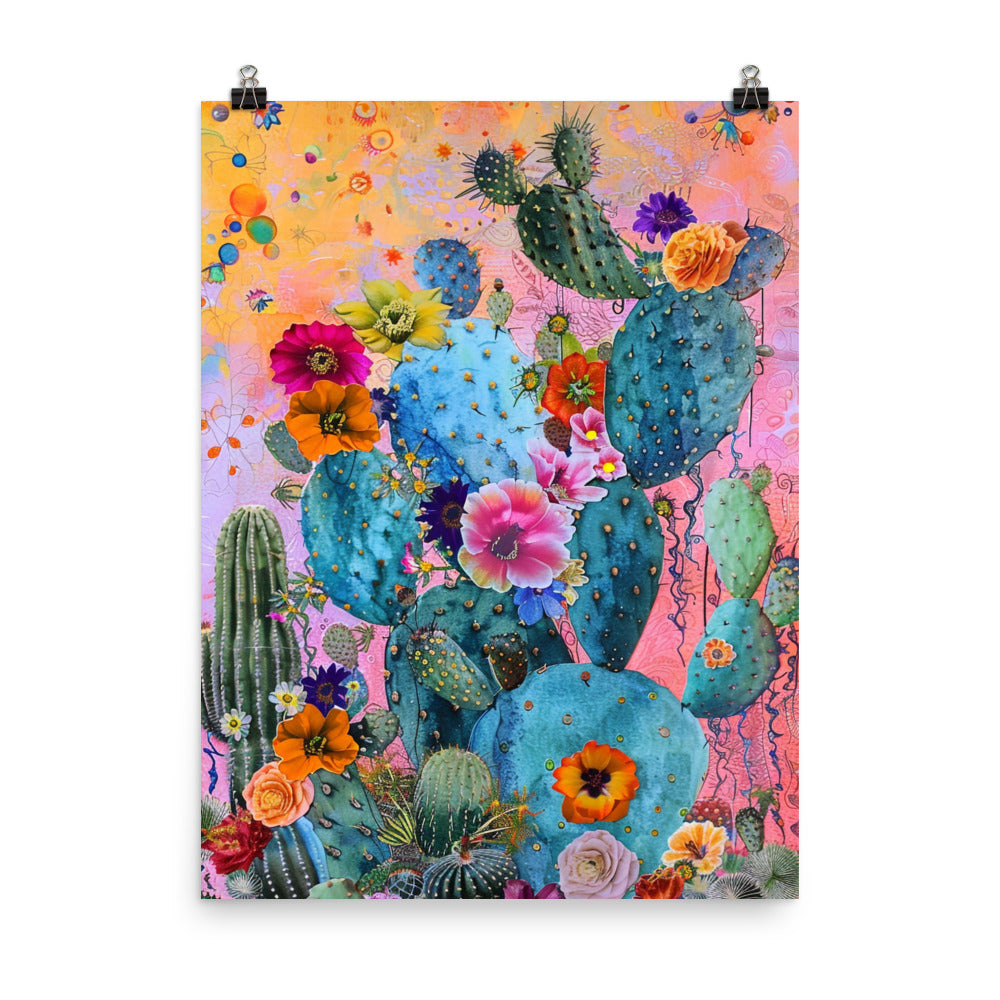 Cactus Y Flowers Mexican Art Poster