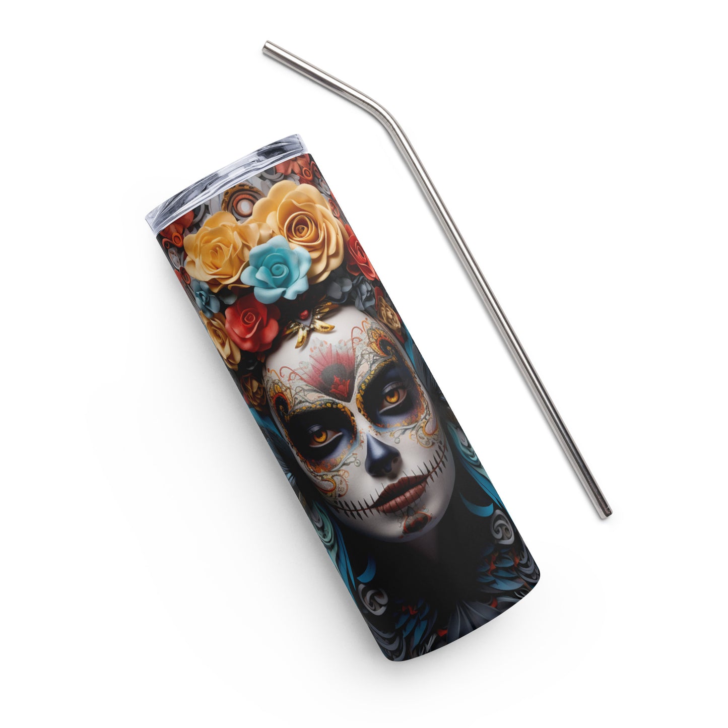 Angle Mexican Sugar Skull Stainless Steel Tumbler