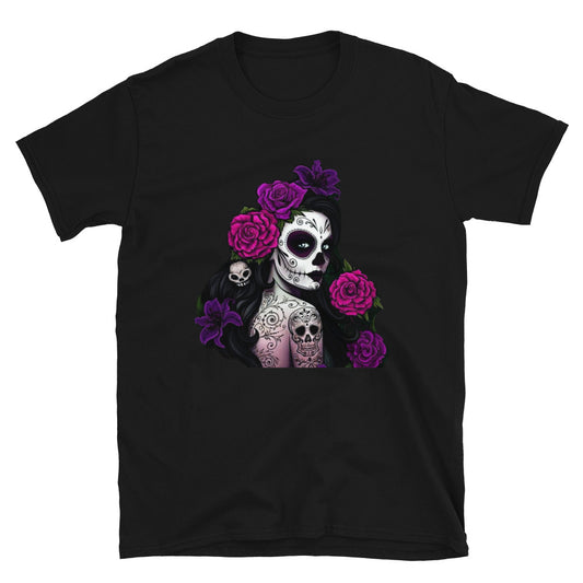 Purple Flowers Lady Dia De Los Muertos T-Shirt