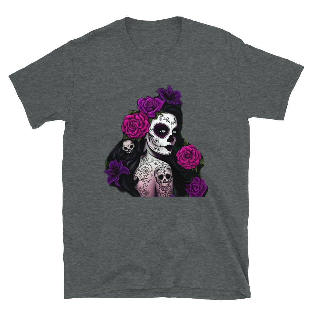 Purple Flowers Lady Dia De Los Muertos T-Shirt