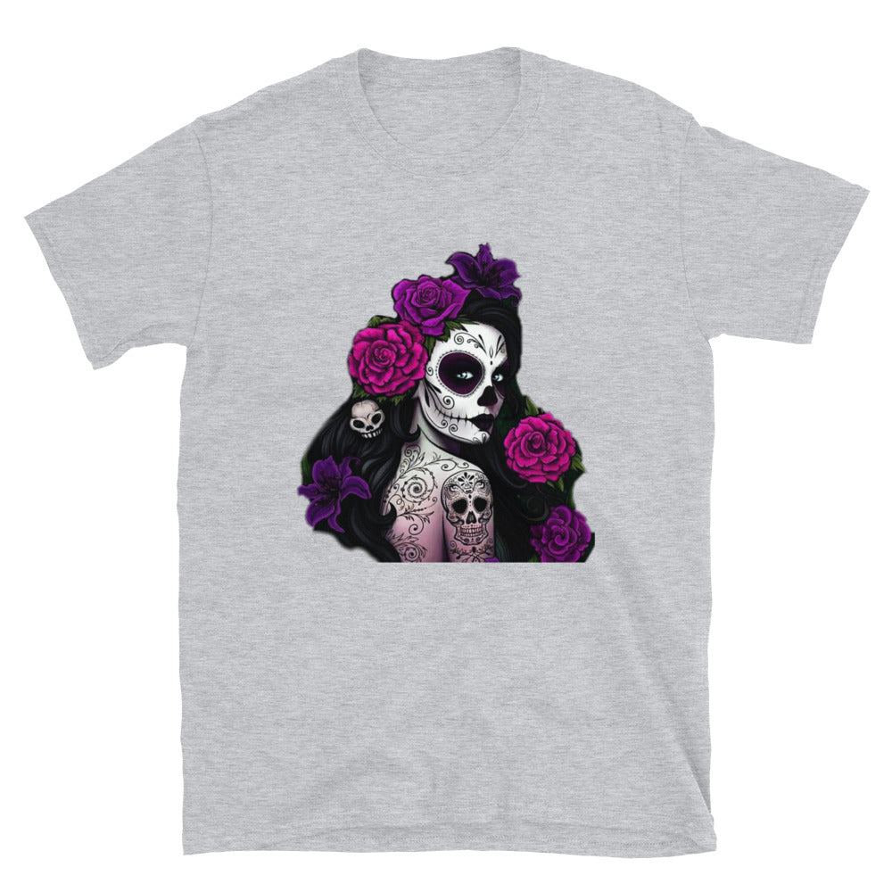 Purple Flowers Lady Dia De Los Muertos T-Shirt