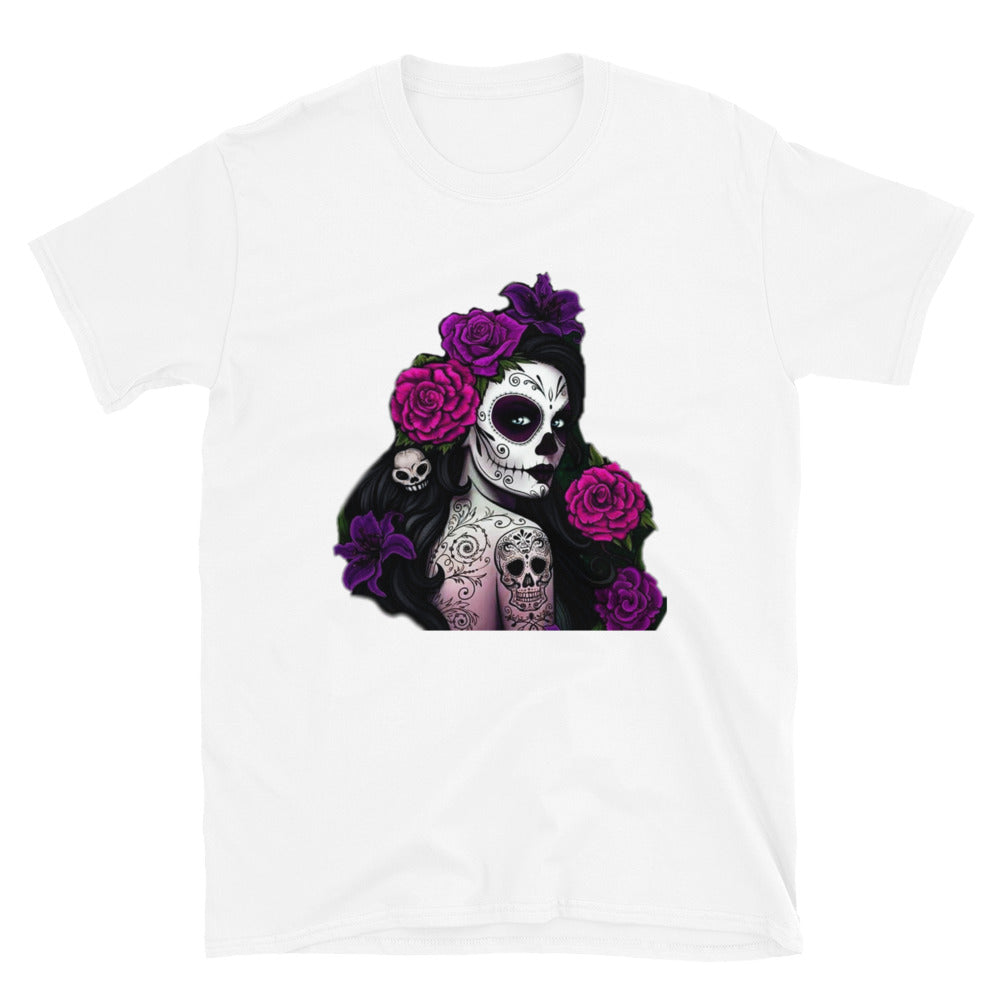 Purple Flowers Lady Dia De Los Muertos T-Shirt