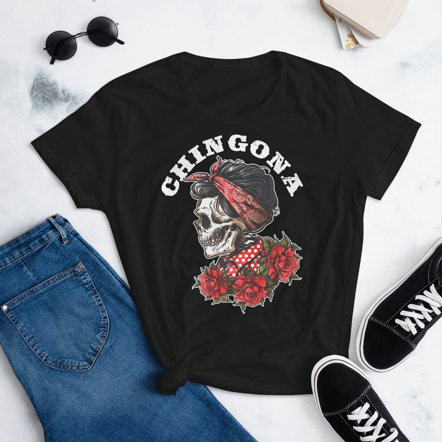 Chingona Red Roses & Bandana T-Shirt for Women