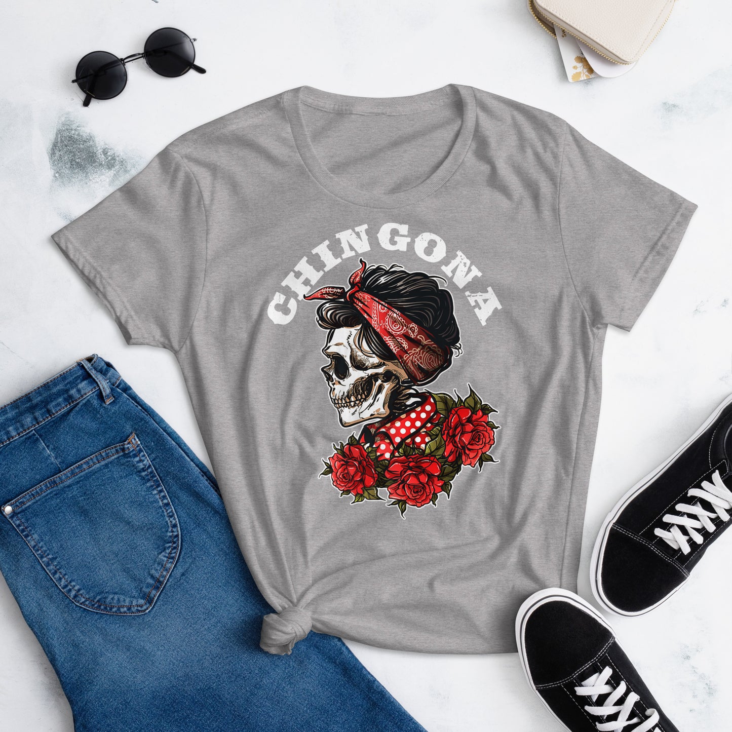 Chingona Red Roses & Bandana T-Shirt for Women